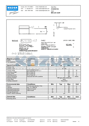 MK18-B-190W datasheet - MK Reed Sensors