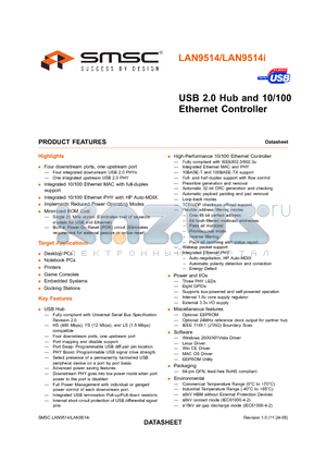 LAN9514 datasheet - USB 2.0 Hub and 10/100 Ethernet Controller