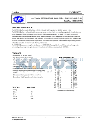 HMN5128DV-85 datasheet - Non-Volatile SRAM MODULE 4Mbit (512K x 8-Bit),32Pin-DIP, 3.3V