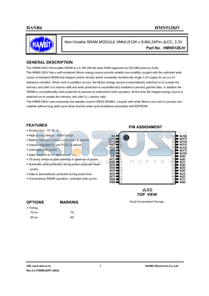 HMN5128JV-85 datasheet - Non-Volatile SRAM MODULE 4Mbit (512K x 8-Bit),34Pin-JLCC, 3.3V