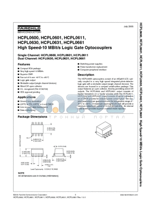 HCPL0630 datasheet - High Speed-10 MBit/s Logic Gate Optocouplers