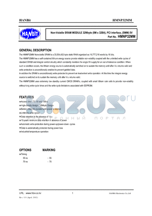 HMNP32MM-70 datasheet - Non-Volatile SRAM MODULE 32Mbyte (8M x 32Bit), PCI interface, (SMM) 5V