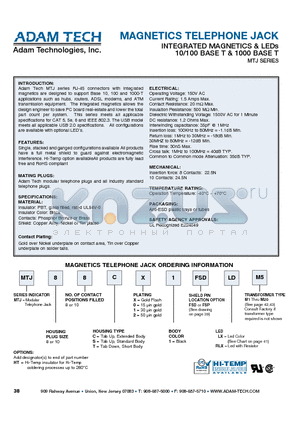 MTJ88S01RLXM10 datasheet - MAGNETICS TELEPHONE JACK INTEGRATED MAGNETICS & LEDs 10/100 BASE T & 1000 BASE T