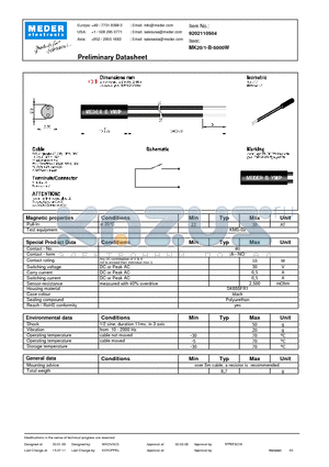 MK20-1-B-5000W datasheet - MK Reed Sensors