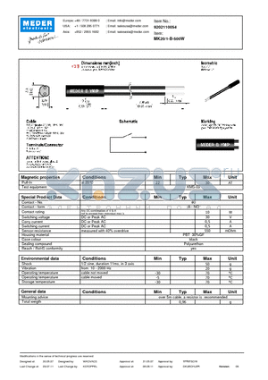 MK20-1-B-500W datasheet - MK Reed Sensors