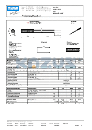 MK20-1-D-100W datasheet - MK Reed Sensors