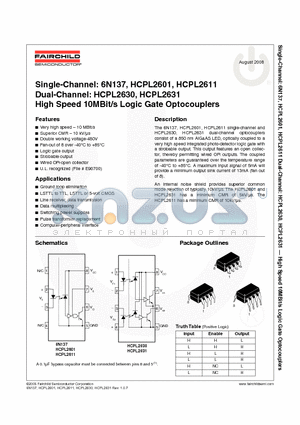 HCPL2630SDV datasheet - High Speed 10MBit/s Logic Gate Optocouplers