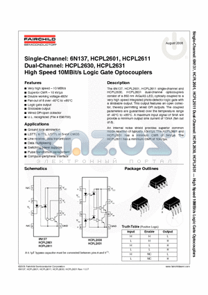 HCPL2630 datasheet - High Speed 10MBit/s Logic Gate Optocouplers
