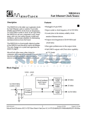 MK2014A datasheet - Fast Ethernet Clock Source