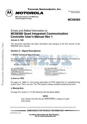 MC68360UMAD datasheet - Errata and Added Information to MC68360 Quad Integrated Communication Controller User Manual Rev 1