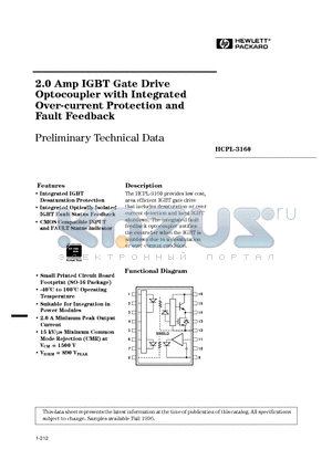 HCPL3160 datasheet - 2.0 Amp IGBT Gate Drive Optocoupler with Integrated Over-current Protection and Fault Feedback