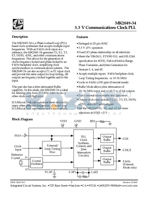 MK2049-34SI datasheet - 3.3 V Communications Clock PLL
