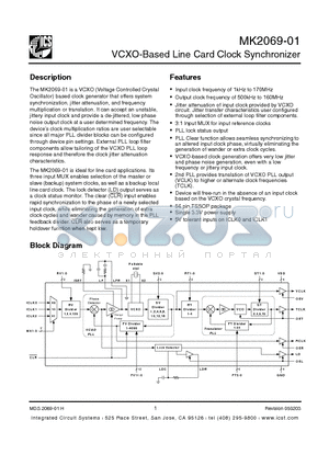 MK2069-01 datasheet - VCXO-Based Line Card Clock Synchronizer