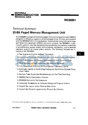 MC68851 datasheet - 32-Bit Paged Memory Management Unit