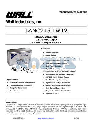 LANC245.1W12-S datasheet - DC/DC Converter 18-36 VDC Input 5.1 VDC Output at 2.4A