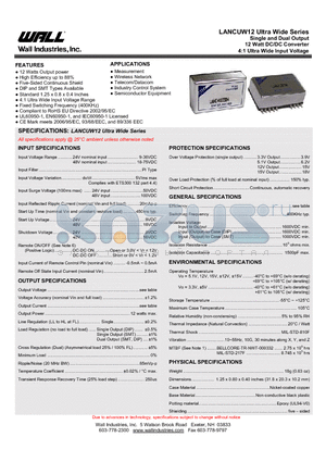 LANC4805UW12 datasheet - Single and Dual Output 12 Watt DC/DC Converter 4:1 Ultra Wide Input Voltage