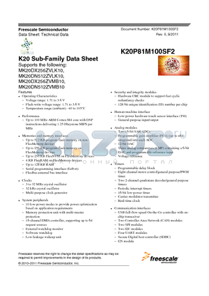 MK20DX256ZVLK10 datasheet - K20 Sub-Family Data Sheet