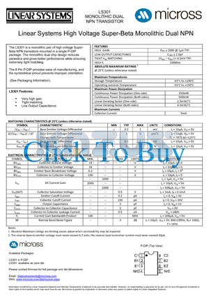 LS301_PDIP datasheet - MONOLITHIC DUAL NPN TRANSISTOR