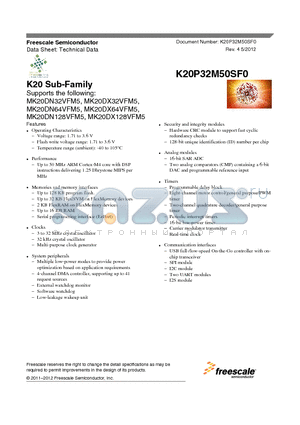 MK20DX32VFM5 datasheet - K20 Sub-Family