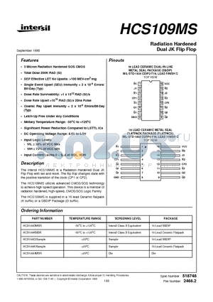 HCS109DMSR datasheet - Radiation Hardened Dual JK Flip Flop