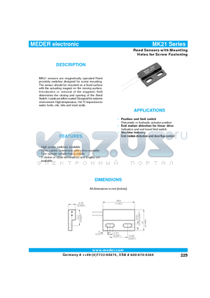 MK21-1A84C-500W datasheet - Reed Sensors with Mounting Holes for Screw Fastening