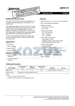 HMP8170CN datasheet - NTSC/PAL Video Encoder