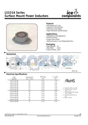 LS3316-1R0-RM datasheet - Surface Mount Power Inductors