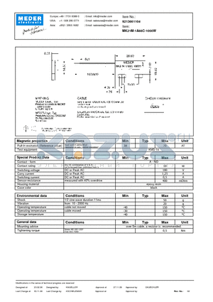 MK21M-1A66C-1000W datasheet - MK Reed Sensor