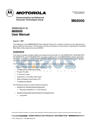 MC68EC000D datasheet - Addendum to M68000 User Manual