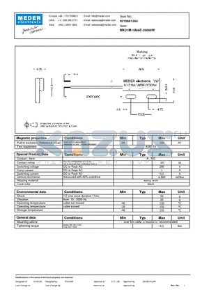 MK21M-1A66E-20000W datasheet - MK Reed Sensor