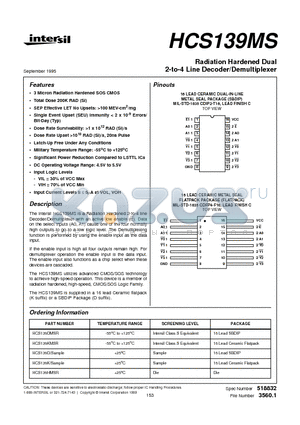 HCS139K datasheet - Radiation Hardened Dual 2-to-4 Line Decoder/Demultiplexer