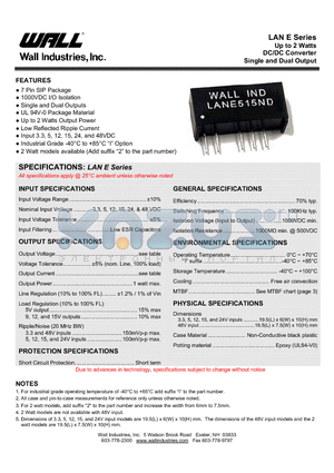 LANE1205ND datasheet - Up to 2 Watts DC/DC Converter Single and Dual Output