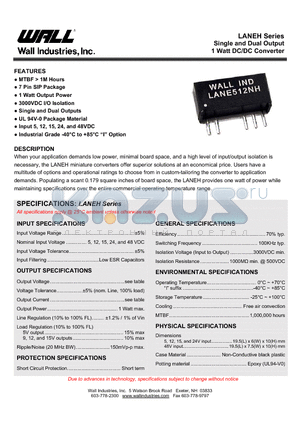 LANE1209NH datasheet - Single and Dual Output 1 Watt DC/DC Converter