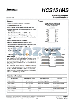 HCS151KMSR datasheet - Radiation Hardened 8-Input Multiplexer