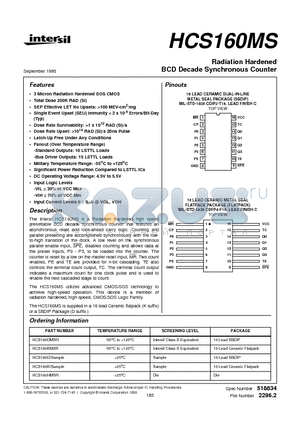 HCS160KMSR datasheet - Radiation Hardened BCD Decade Synchronous Counter