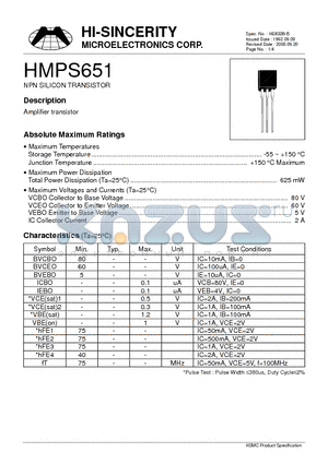 HMPS651 datasheet - NPN SILIOCN TRANSISTOR