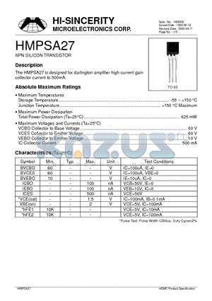 HMPSA27 datasheet - NPN SILICON TRANSISTOR