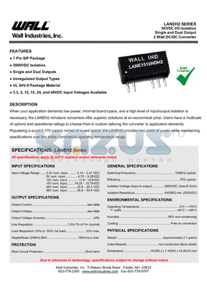 LANE2405NDH2 datasheet - 3KVDC I/O Isolation Single and Dual Output 2 Watt DC/DC Converter