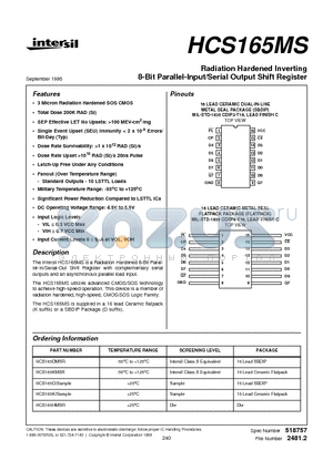 HCS165MS datasheet - Radiation Hardened Inverting 8-Bit Parallel-Input/Serial Output Shift Register
