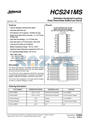 HCS241DMSR datasheet - Radiation Hardened Inverting Octal Three-State Buffer/Line Driver