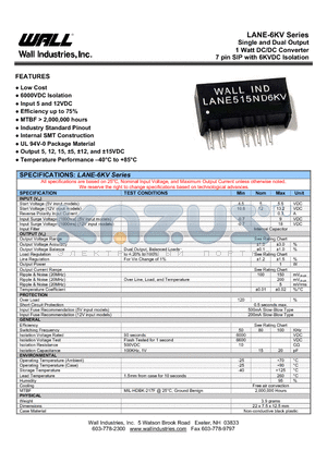 LANE505ND6KV datasheet - Single and Dual Output 1 Watt DC/DC Converter 7 pin SIP with 6KVDC Isolation