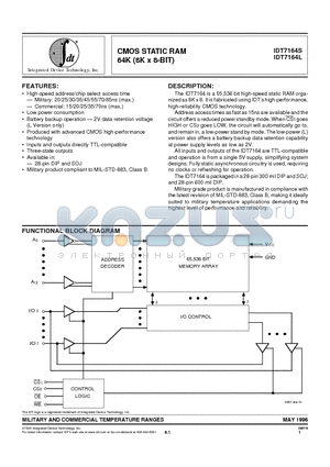 IDT7164L15Y datasheet - CMOS STATIC RAM 64K (8K x 8-BIT)