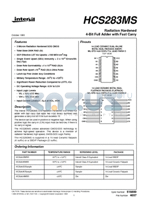 HCS283KMSR datasheet - Radiation Hardened 4-Bit Full Adder with Fast Carry