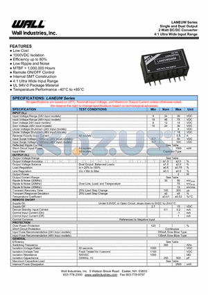 LANEUW4812RD datasheet - Single and Dual Output 2 Watt DC/DC Converter 4:1 Ultra Wide Input Range