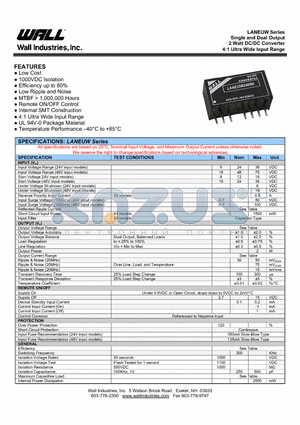 LANEUW4815R datasheet - Single and Dual Output 2 Watt DC/DC Converter 4:1 Ultra Wide Input Range