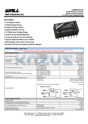 LANEW1205RD datasheet - 2 Watt DC/DC Converter Single and Dual Outputs 2:1 Wide Input Voltage Range