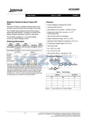 HCS32DMSR datasheet - Radiation Hardened Quad 2-Input OR Gate