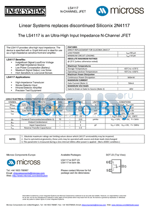 LS4117 datasheet - Ultra-High Input Impedance N-Channel JFET