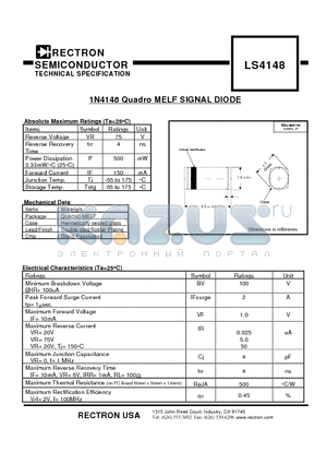 LS4148 datasheet - 1N4148 Quadro MELF SIGNAL DIODE