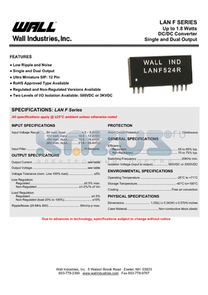 LANF1505ND datasheet - Up to 1.8 Watts DC/DC Converter Single and Dual Output